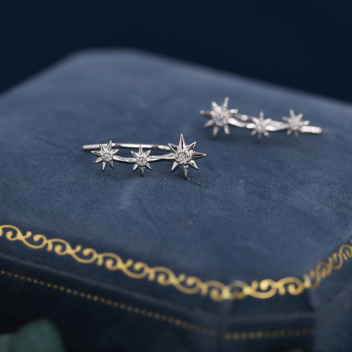 Sterling Silver Starburst Ear Crawler Earrings - Star Crawler Earrings - Silver or Gold - Three Star Earrings - Star Trio Earrings