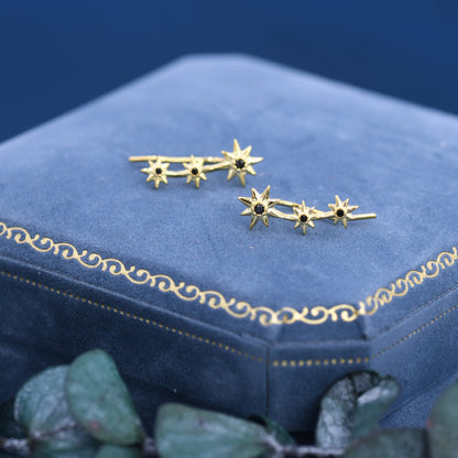 Sterling Silver Starburst Ear Crawler Earrings - Star Crawler Earrings - Silver or Gold - Three Star Earrings - Star Trio Earrings