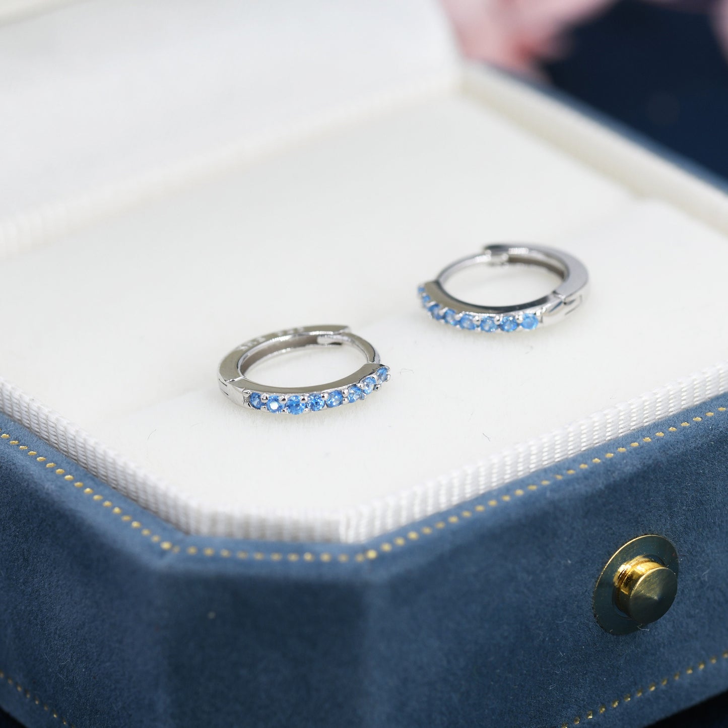 Aquamarine Blue CZ Huggie Hoop in Sterling Silver, 8mm Inner Diameter, Stacking Earrings, March Birthstone