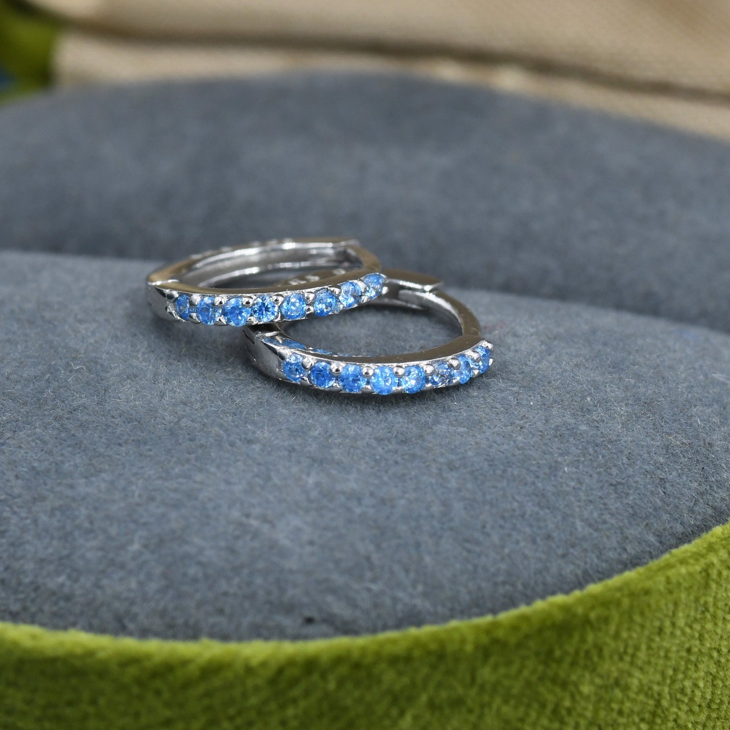 Aquamarine Blue CZ Huggie Hoop in Sterling Silver, 8mm Inner Diameter, Stacking Earrings, March Birthstone