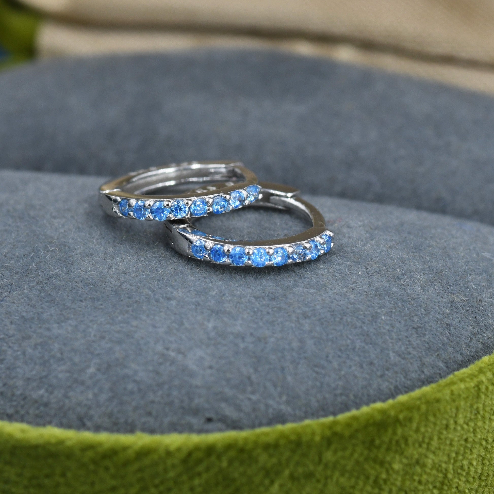 Aquamarine Blue CZ Huggie Hoop in Sterling Silver, 8mm Inner Diameter, Stacking Earrings, March Birthstone