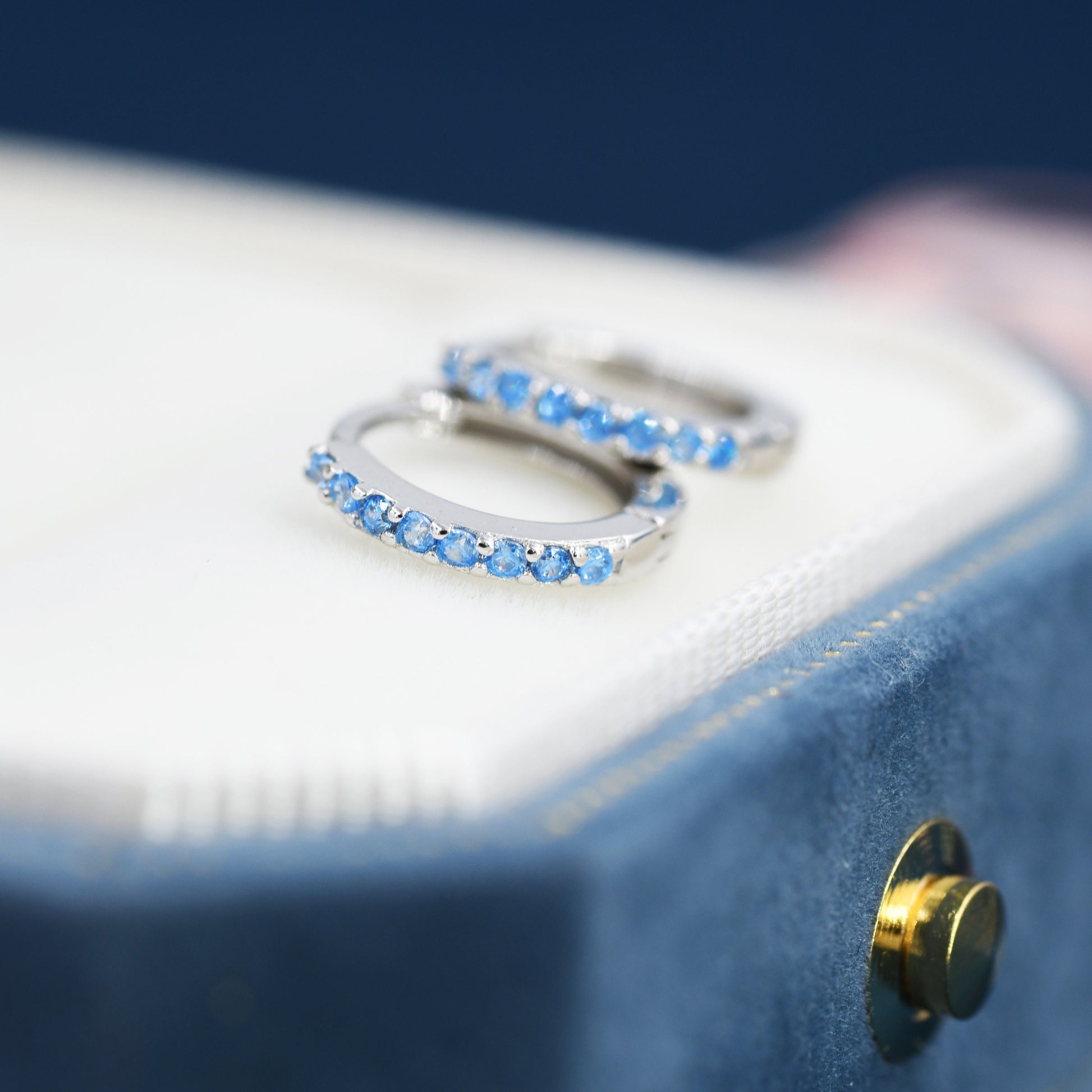 Aquamarine Blue CZ Huggie Hoop in Sterling Silver, 8mm Inner Diameter, Stacking Earrings, March Birthstone