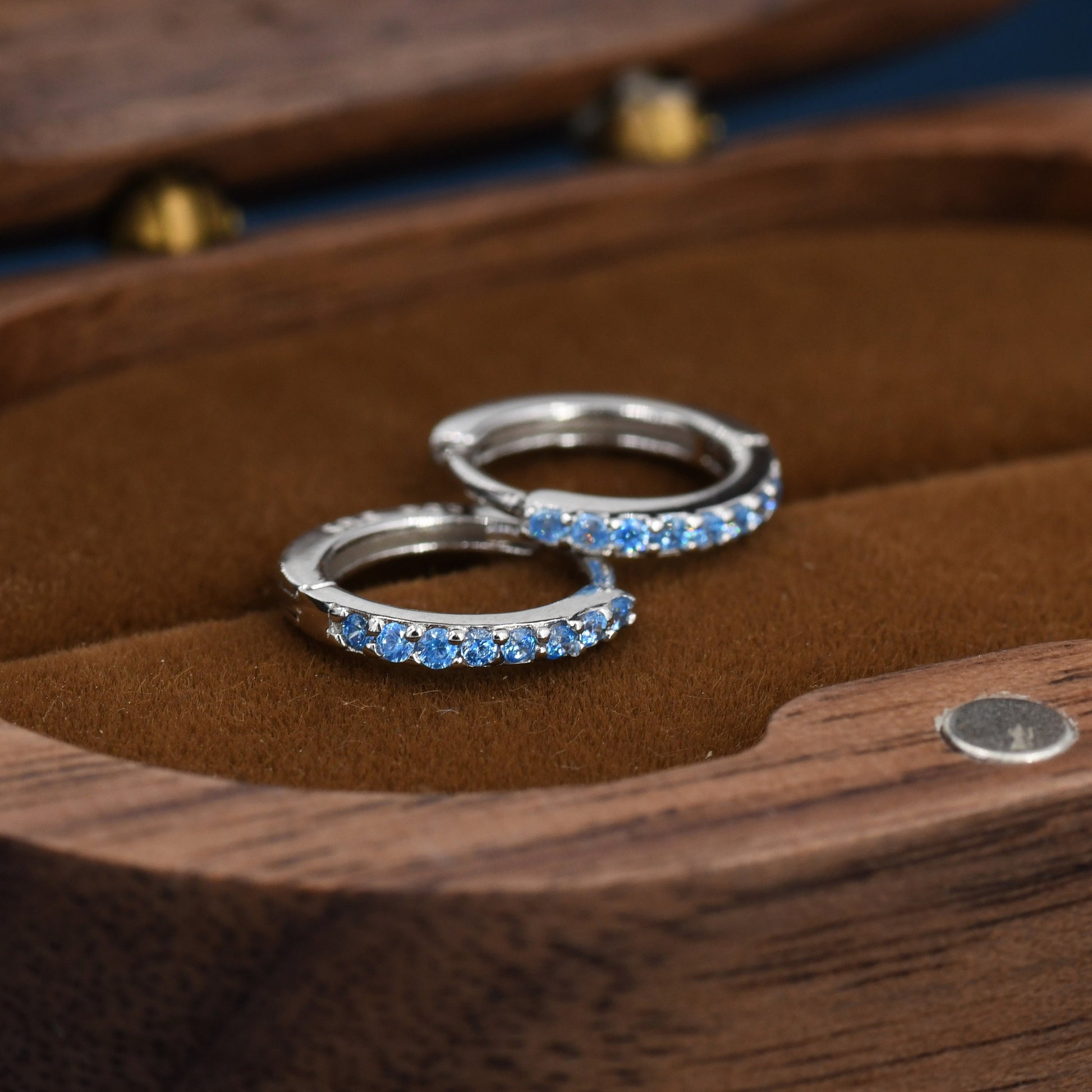 Aquamarine Blue CZ Huggie Hoop in Sterling Silver, 8mm Inner Diameter, Stacking Earrings, March Birthstone