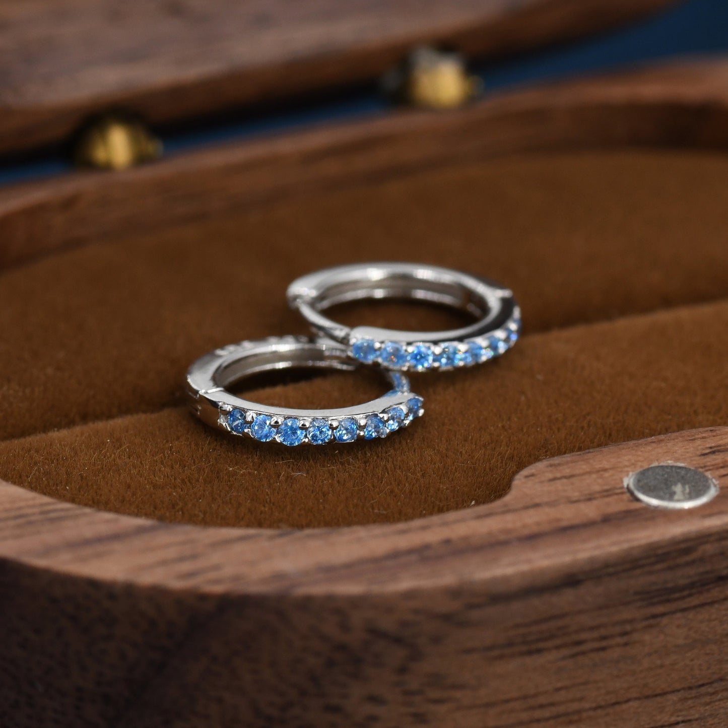 Aquamarine Blue CZ Huggie Hoop in Sterling Silver, 8mm Inner Diameter, Stacking Earrings, March Birthstone