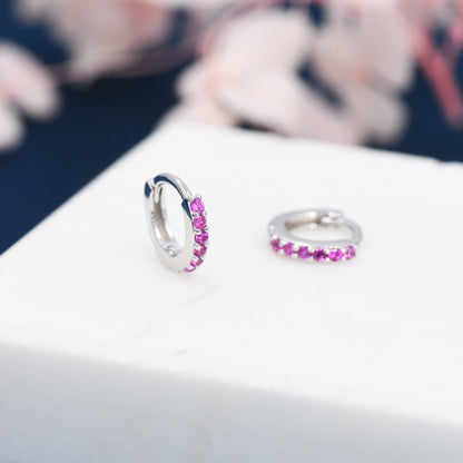 Ruby Red CZ Crystal Huggie Hoops in Sterling Silver, Silver or Gold, 6mm, 7mm and 8mm Minimalist Hoop Earrings, Pink Ruby July Birthstone