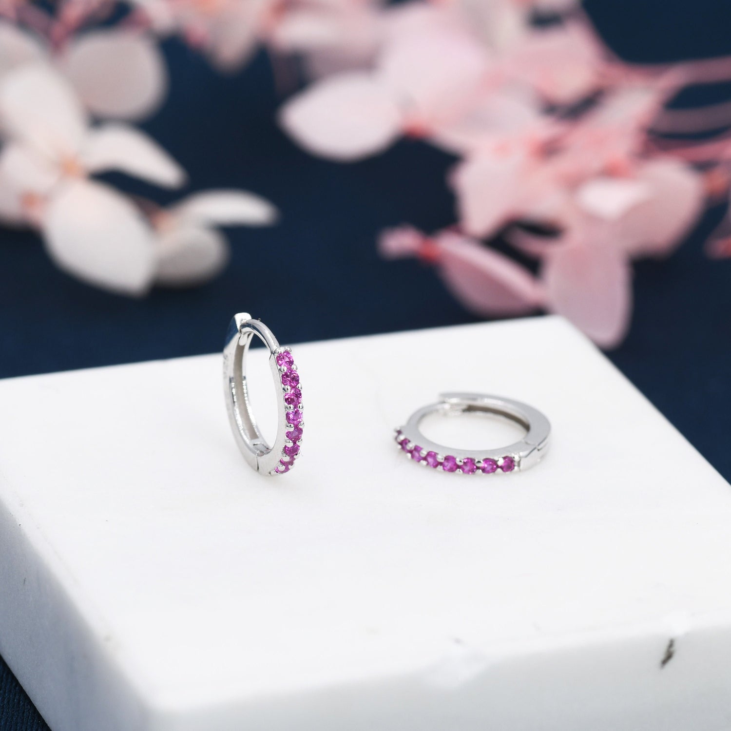 Ruby Red CZ Crystal Huggie Hoops in Sterling Silver, Silver or Gold, 6mm, 7mm and 8mm Minimalist Hoop Earrings, Pink Ruby July Birthstone