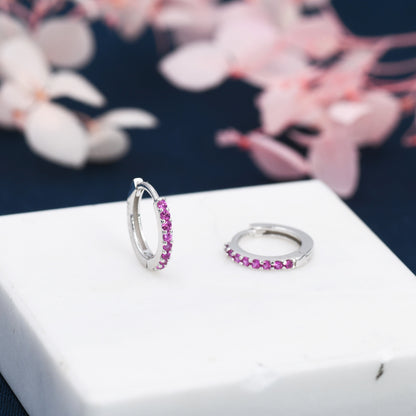 Ruby Red CZ Crystal Huggie Hoops in Sterling Silver, Silver or Gold, 6mm, 7mm and 8mm Minimalist Hoop Earrings, Pink Ruby July Birthstone