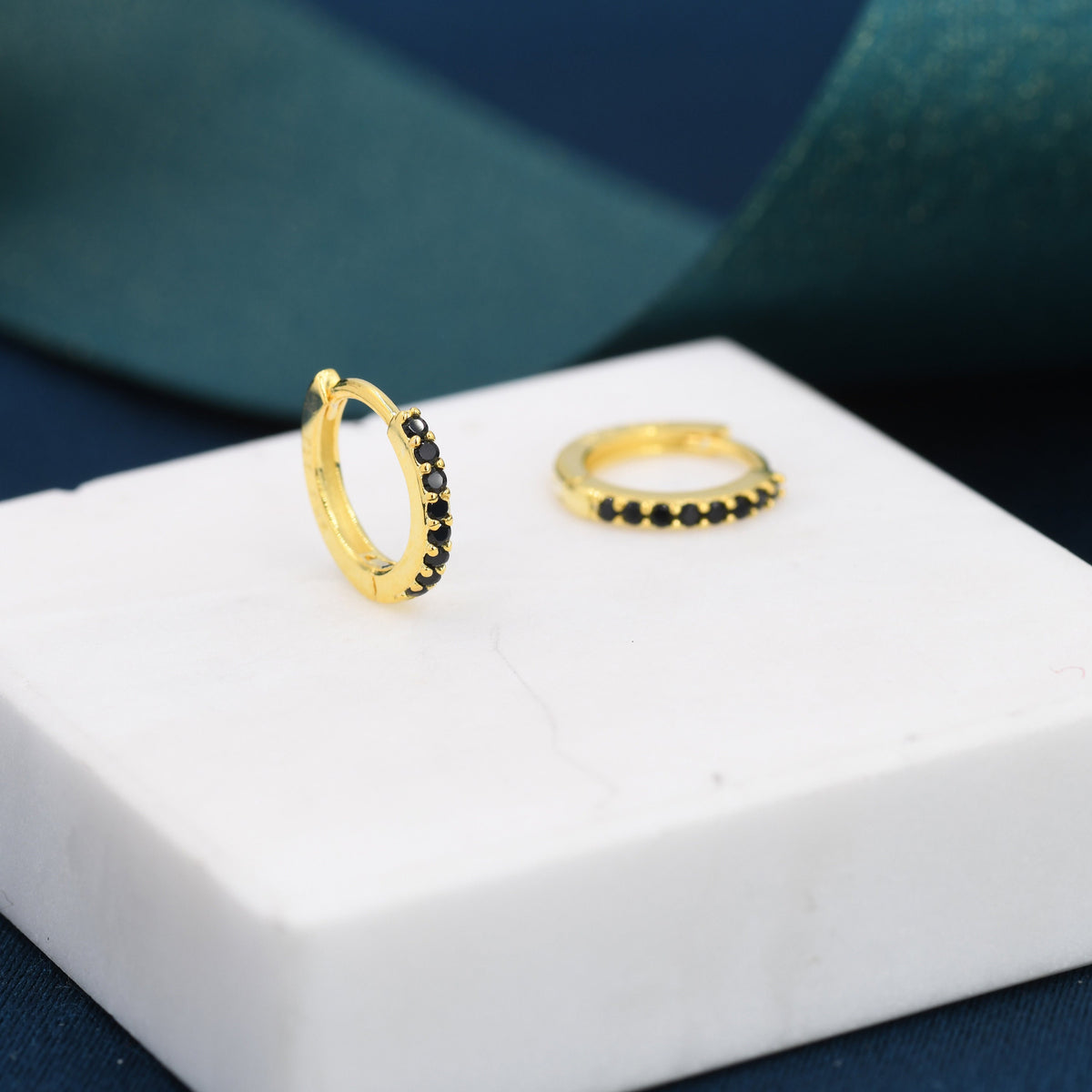 Onyx Black CZ Crystal Huggie Hoops in Sterling Silver, Silver or Gold, 6mm, 7mm and 8mm Minimalist Hoop Earrings