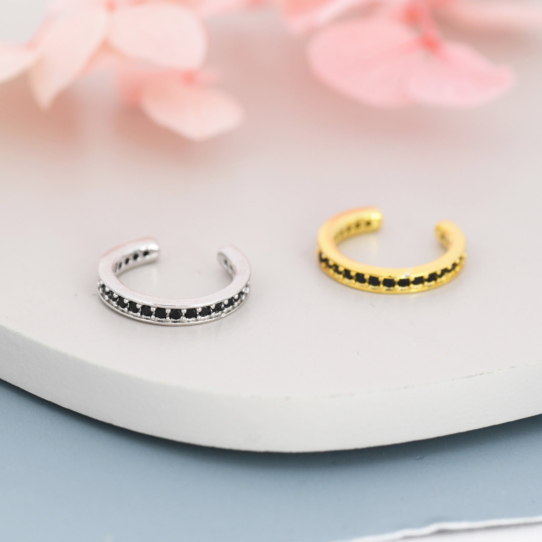 Black CZ Ear Cuff in Sterling Silver, Silver or Gold, Simple Piercing Free Earrings, Minimalist Ear Cuff, Black Diamond Cuff