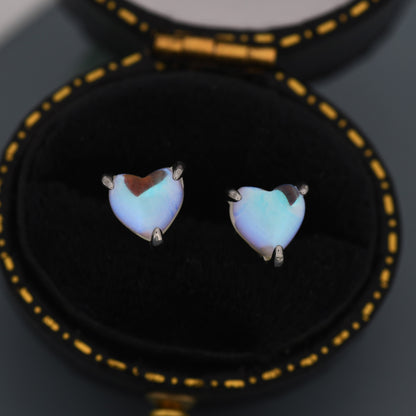 Sterling Silver Heart Shape Moonstone Stud Earrings, Prong Set, Mermaid Colour Earrings, Simulated Moonstone Glass Earrings, Minimalist