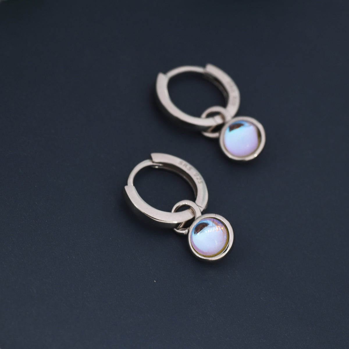 Dangle Moonstone Huggie Hoop in Sterling Silver, Simulated Moonstone, Minimalist Hoop Earrings, Detachable and Interchangeable