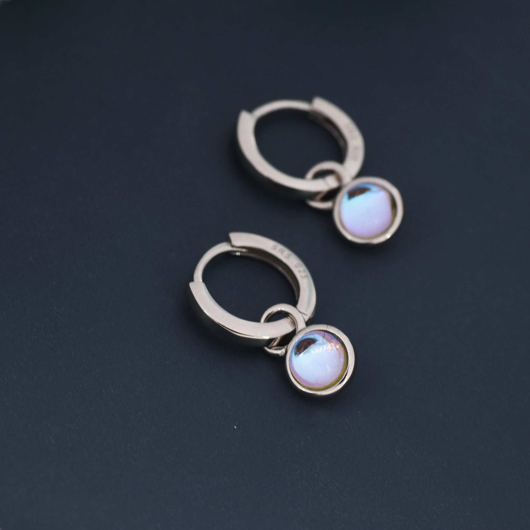 Dangle Moonstone Huggie Hoop in Sterling Silver, Simulated Moonstone, Minimalist Hoop Earrings, Detachable and Interchangeable