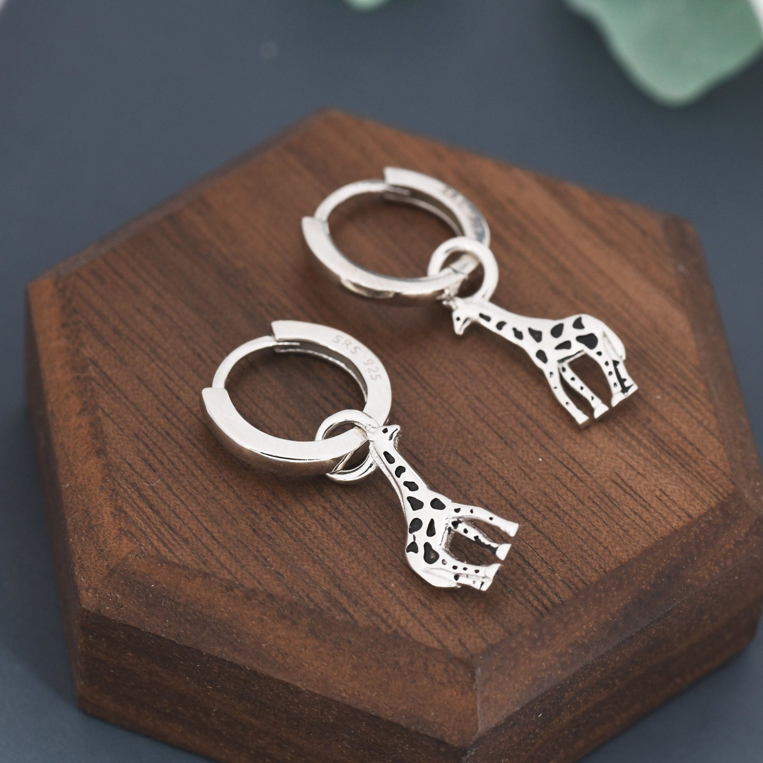 Giraffe Huggie Hoop Earrings in Sterling Silver, Silver or Gold, Giraffe Dangle Earrings, Detachable and Interchangeable