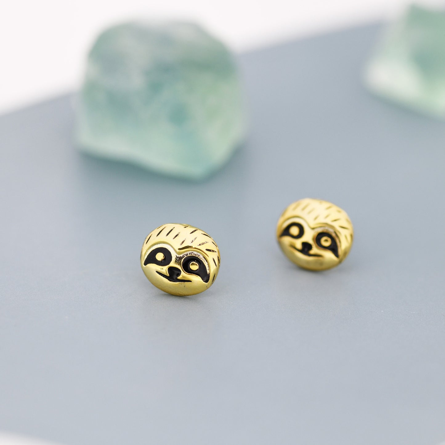 Sloth Face Stud Earrings in Sterling Silver, Silver or Gold, Crow Earrings, Animal Earrings, Nature Inspired