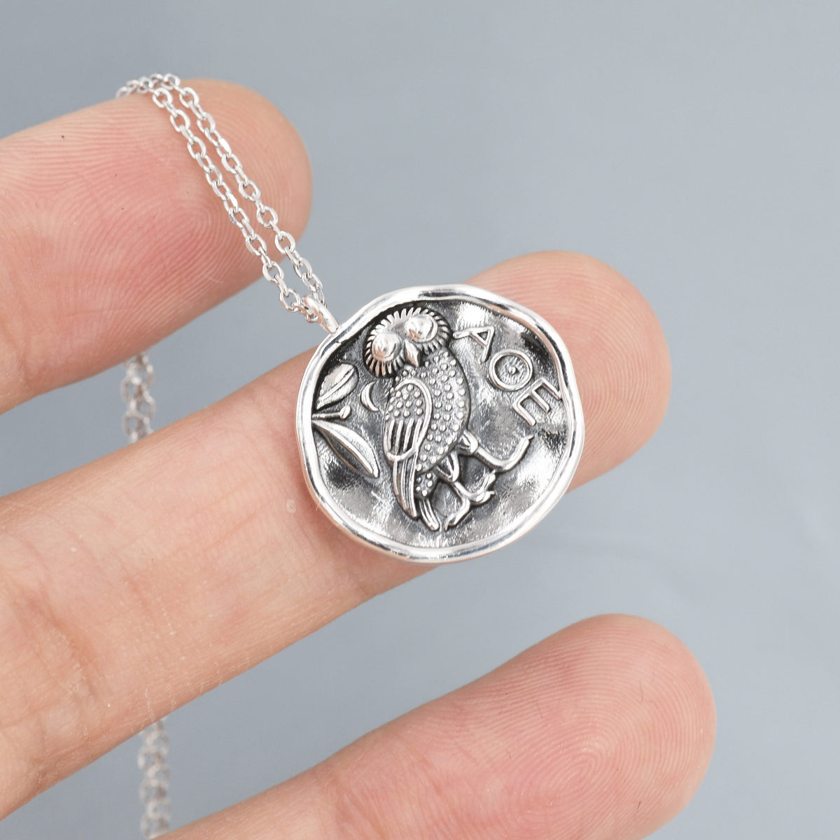 Sterling Silver Greek Coin Pendant Necklace - Owl Coin Necklace , Owl of Athena Coin Necklace in Silver, Ancient Greek Coin Inspired, Bird Necklace
