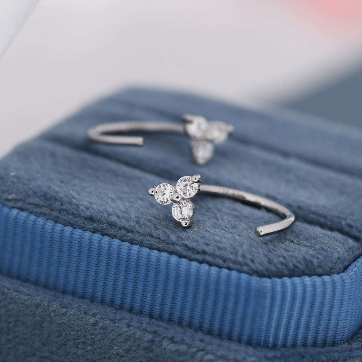 Three CZ Trinity Threader Hoop Earrings in Sterling Silver, Three Dot Open Hoop Earrings, Huggie Hoop, Silver or Gold, Pull Through