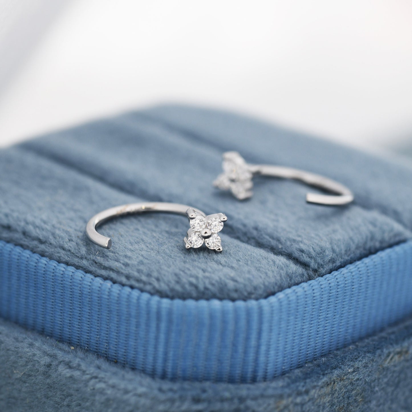 Tiny CZ Flower Huggie Hoop Earrings in Sterling Silver, Open Hoop Earrings, Pull-Through Threader Earrings, Half Hoop Earrings