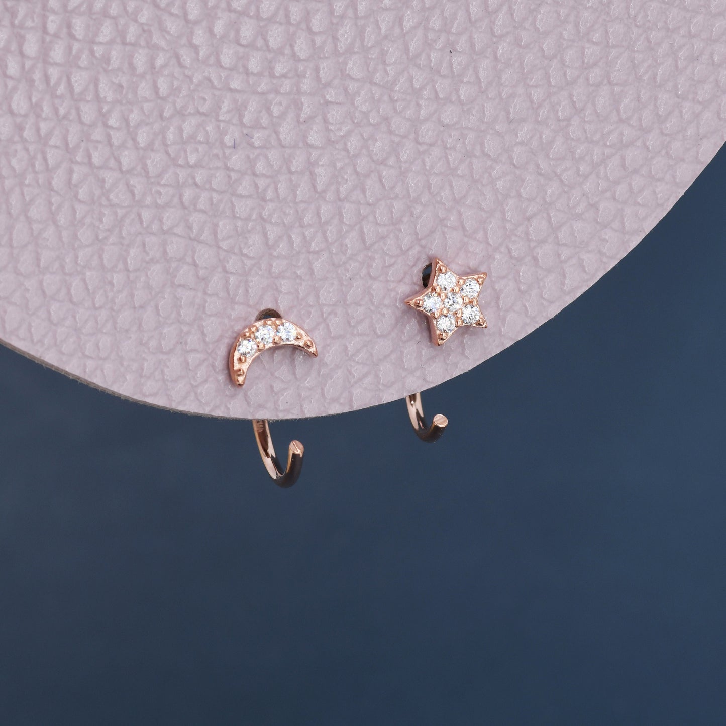 Asymmetric Tiny Moon and Star CZ Huggie Hoop Earrings in Sterling Silver, Silver, Gold or Rose Gold, Open Threader, Threader Hoop
