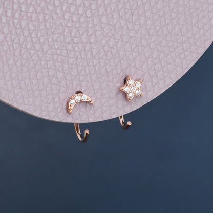 Asymmetric Tiny Moon and Star CZ Huggie Hoop Earrings in Sterling Silver, Silver, Gold or Rose Gold, Open Threader, Threader Hoop