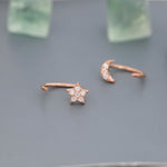 Asymmetric Tiny Moon and Star CZ Huggie Hoop Earrings in Sterling Silver, Silver, Gold or Rose Gold, Open Threader, Threader Hoop