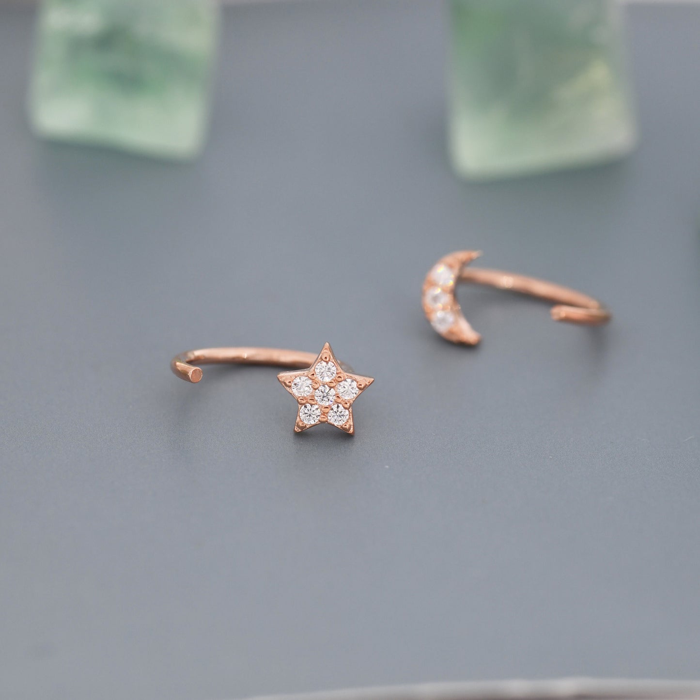 Asymmetric Tiny Moon and Star CZ Huggie Hoop Earrings in Sterling Silver, Silver, Gold or Rose Gold, Open Threader, Threader Hoop