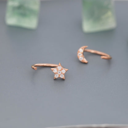 Asymmetric Tiny Moon and Star CZ Huggie Hoop Earrings in Sterling Silver, Silver, Gold or Rose Gold, Open Threader, Threader Hoop