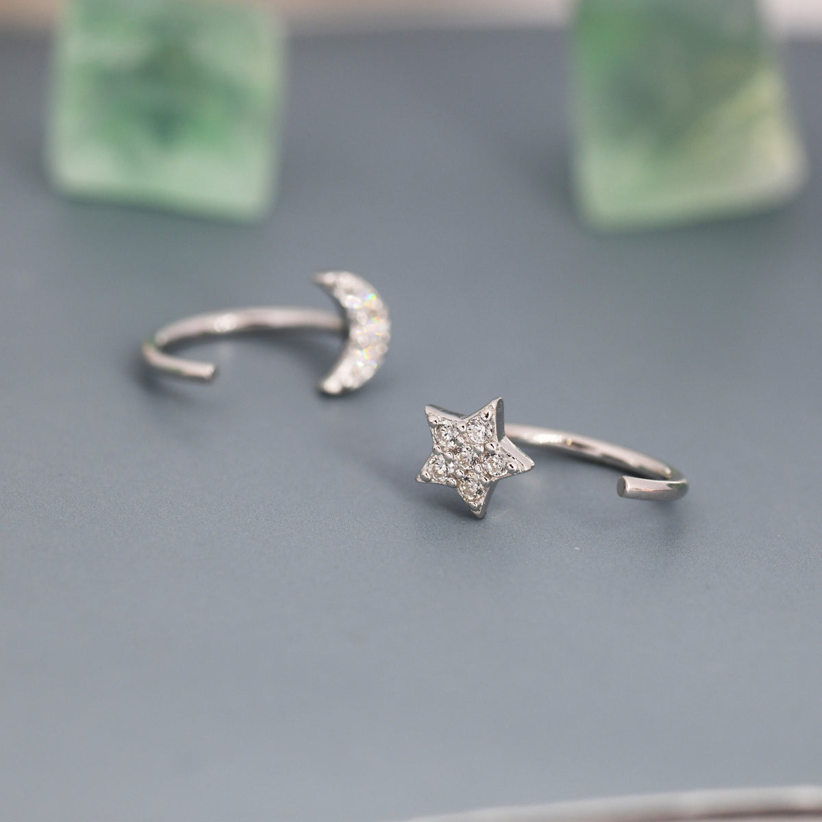 Asymmetric Tiny Moon and Star CZ Huggie Hoop Earrings in Sterling Silver, Silver, Gold or Rose Gold, Open Threader, Threader Hoop