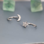 Asymmetric Tiny Moon and Star CZ Huggie Hoop Earrings in Sterling Silver, Silver, Gold or Rose Gold, Open Threader, Threader Hoop