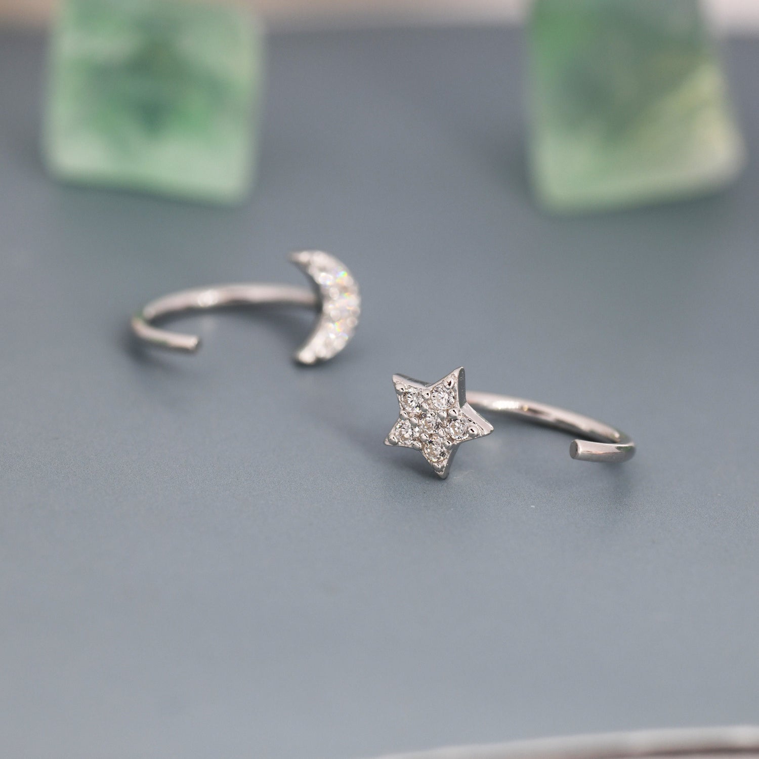 Asymmetric Tiny Moon and Star CZ Huggie Hoop Earrings in Sterling Silver, Silver, Gold or Rose Gold, Open Threader, Threader Hoop