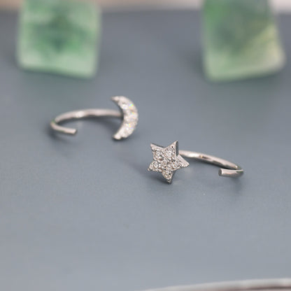 Asymmetric Tiny Moon and Star CZ Huggie Hoop Earrings in Sterling Silver, Silver, Gold or Rose Gold, Open Threader, Threader Hoop