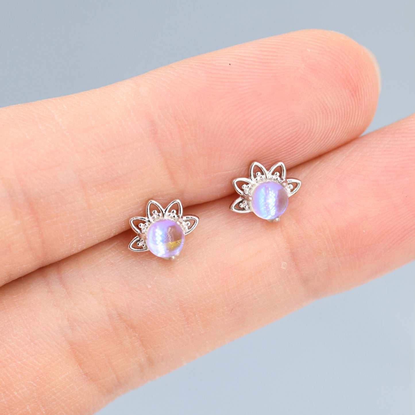 Sterling Silver Moonstone Crown Stud Earrings, Prong Set, Mermaid Colour Earrings, Simulated Moonstone Glass Earrings, Minimalist