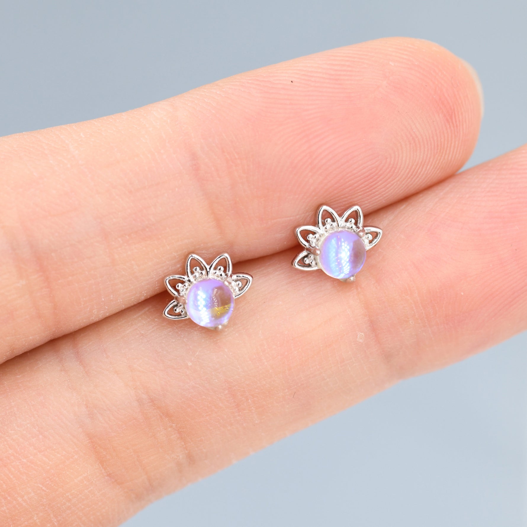 Sterling Silver Moonstone Crown Stud Earrings, Prong Set, Simulated Moonstone Earrings, Minimalist