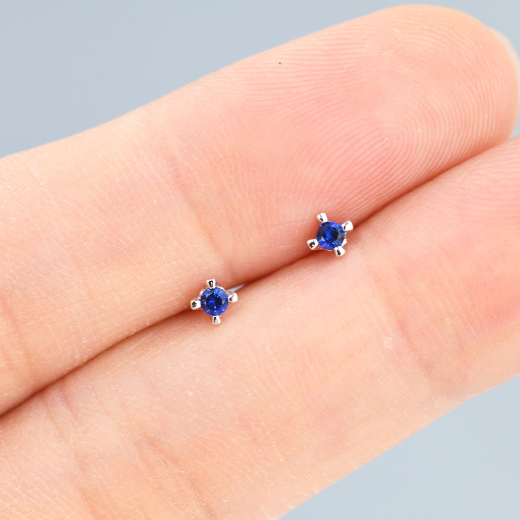 Extra Tiny 2mm Sapphire Blue CZ Stud Earrings in Sterling Silver, Barely Visible Stud Earrings, 2mm Blue Earrings, Tiny Crystal Earrings