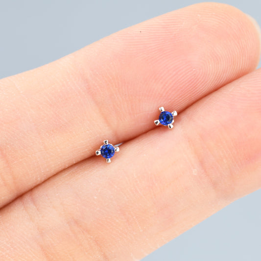 Extra Tiny 2mm Sapphire Blue CZ Stud Earrings in Sterling Silver, Barely Visible Stud Earrings, 2mm Blue Earrings, Tiny Crystal Earrings