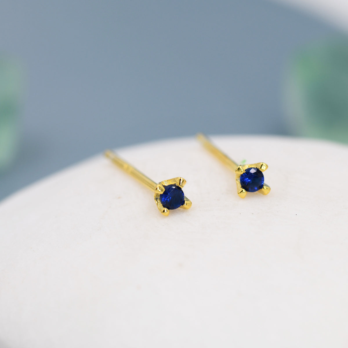 Extra Tiny 2mm Sapphire Blue CZ Stud Earrings in Sterling Silver, Barely Visible Stud Earrings, 2mm Blue Earrings, Tiny Crystal Earrings