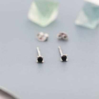 Extra Tiny 2mm Black CZ Stud Earrings in Sterling Silver, Barely Visible Stud Earrings, 2mm Black Earrings, Tiny Crystal Earrings