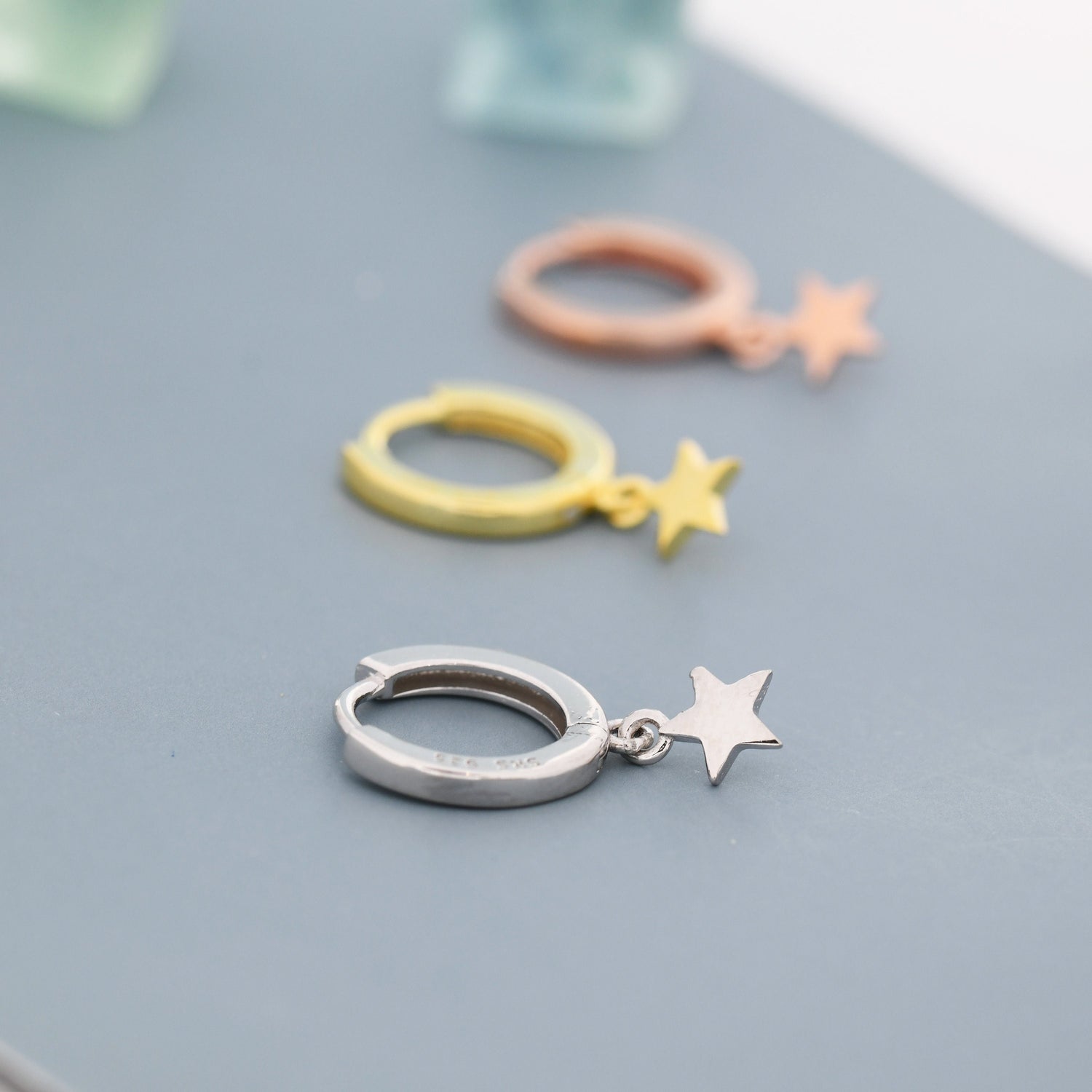 Pair of Star Huggie Hoop Earrings in Sterling Silver, Dangle Star Hoops, Celestial Earrings, Silver, Gold or Rose Gold