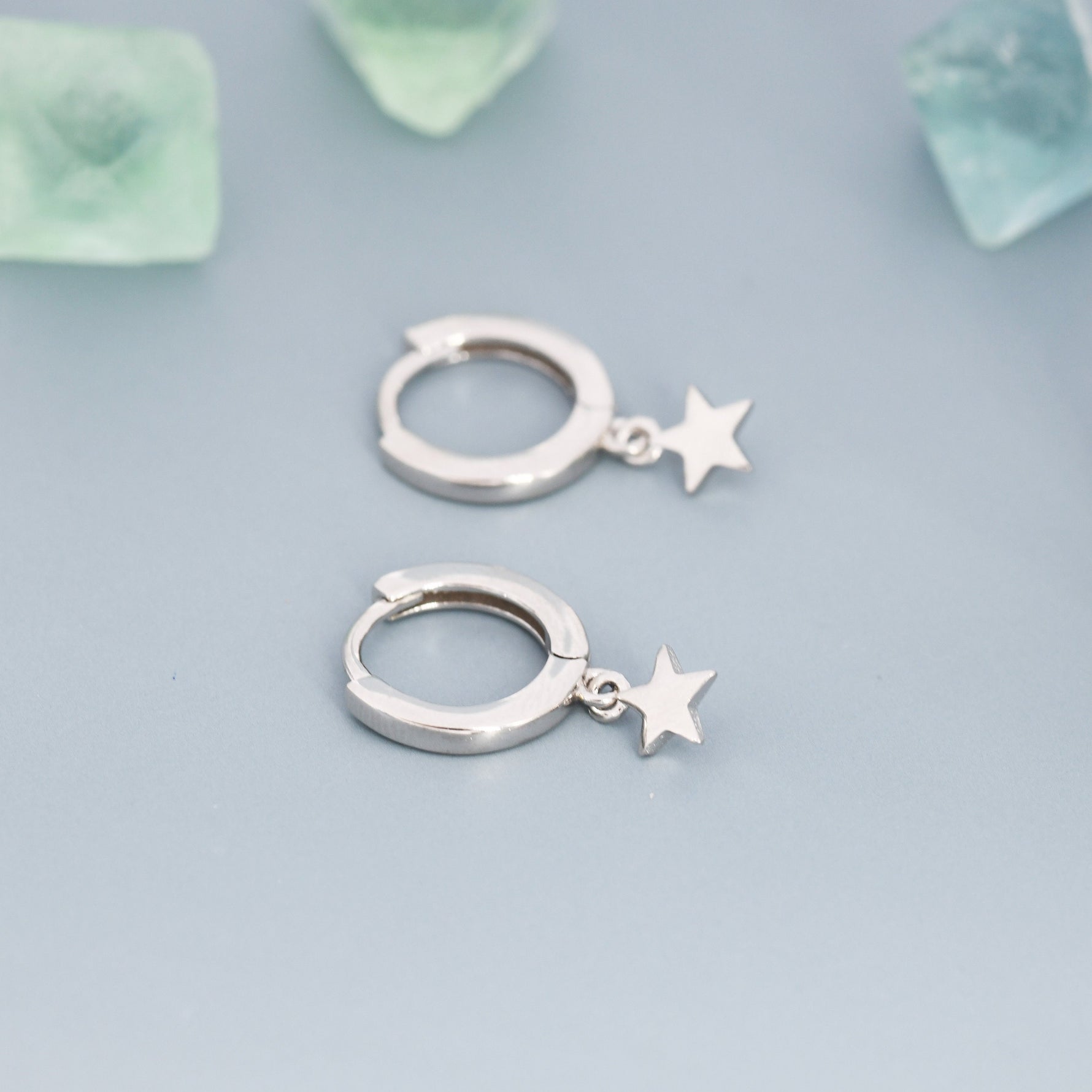 Pair of Star Huggie Hoop Earrings in Sterling Silver, Dangle Star Hoops, Celestial Earrings, Silver, Gold or Rose Gold