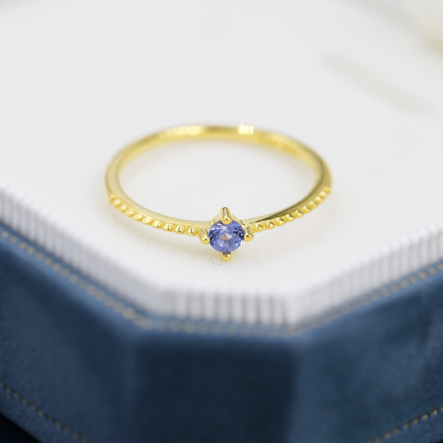 Tanzanite Blue CZ Ring in Sterling Silver, Silver or Gold, Delicate Stacking Ring, Yellow CZ Skinny Band, Size US 6 - 8, December Birthstone