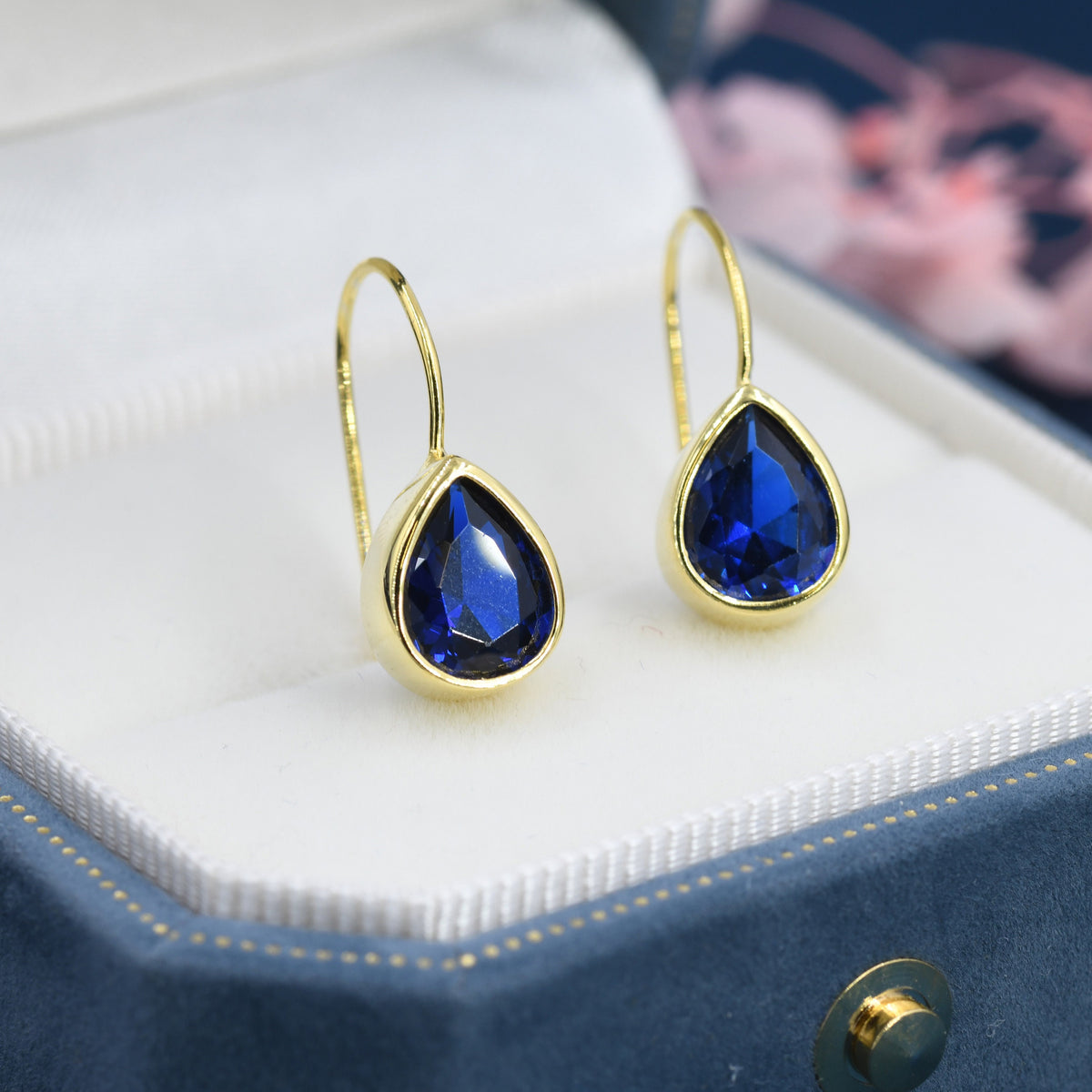 Sapphire Blue CZ Droplet Hook Earrings