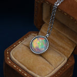 Aurora Opal Pendant Necklace in Sterling Silver, Silver or Gold, Dotted Bezel, Simulated Opal Necklace, October Birthstone