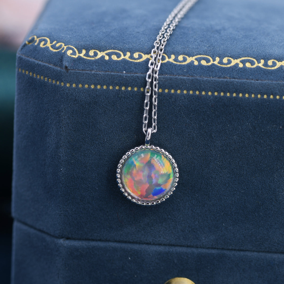 Aurora Opal Pendant Necklace in Sterling Silver, Silver or Gold, Dotted Bezel, Simulated Opal Necklace, October Birthstone