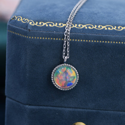 Aurora Opal Pendant Necklace in Sterling Silver, Silver or Gold, Dotted Bezel, Simulated Opal Necklace, October Birthstone