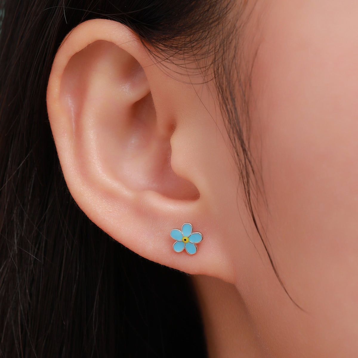 Forget-me-not Enamel Stud Earrings in Sterling Silver, Flower Earrings, Blue Blossom Earrings, Forget me not earrings