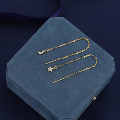 Asymmetric Tiny Moon and Star CZ Threader Earrings in Sterling Silver, Silver, Gold or Rose Gold, Moon and Star Ear Threaders