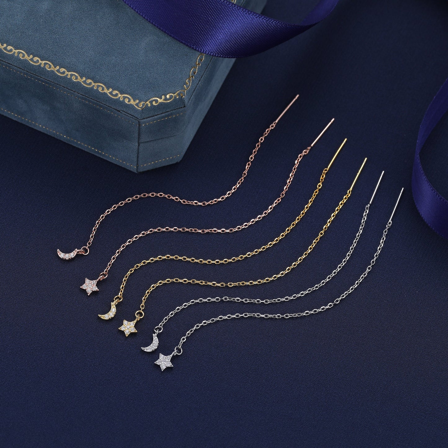 Asymmetric Tiny Moon and Star CZ Threader Earrings in Sterling Silver, Silver, Gold or Rose Gold, Moon and Star Ear Threaders