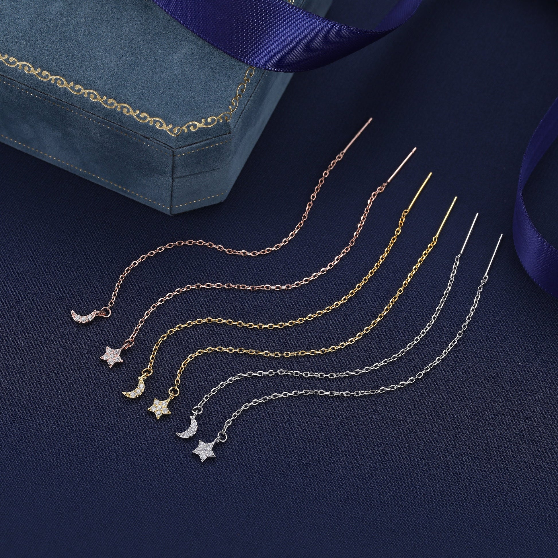 Asymmetric Tiny Moon and Star CZ Threader Earrings in Sterling Silver, Silver, Gold or Rose Gold, Moon and Star Ear Threaders