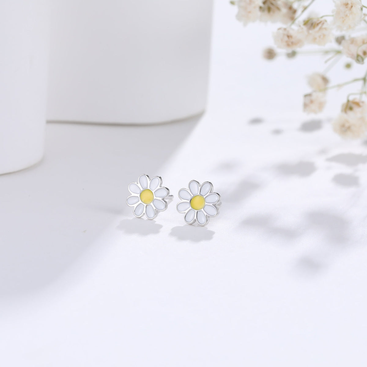 Enamel Daisy Flower Stud Earrings in Sterling Silver, Daisy Flower Earrings, Tiny Flower Earrings