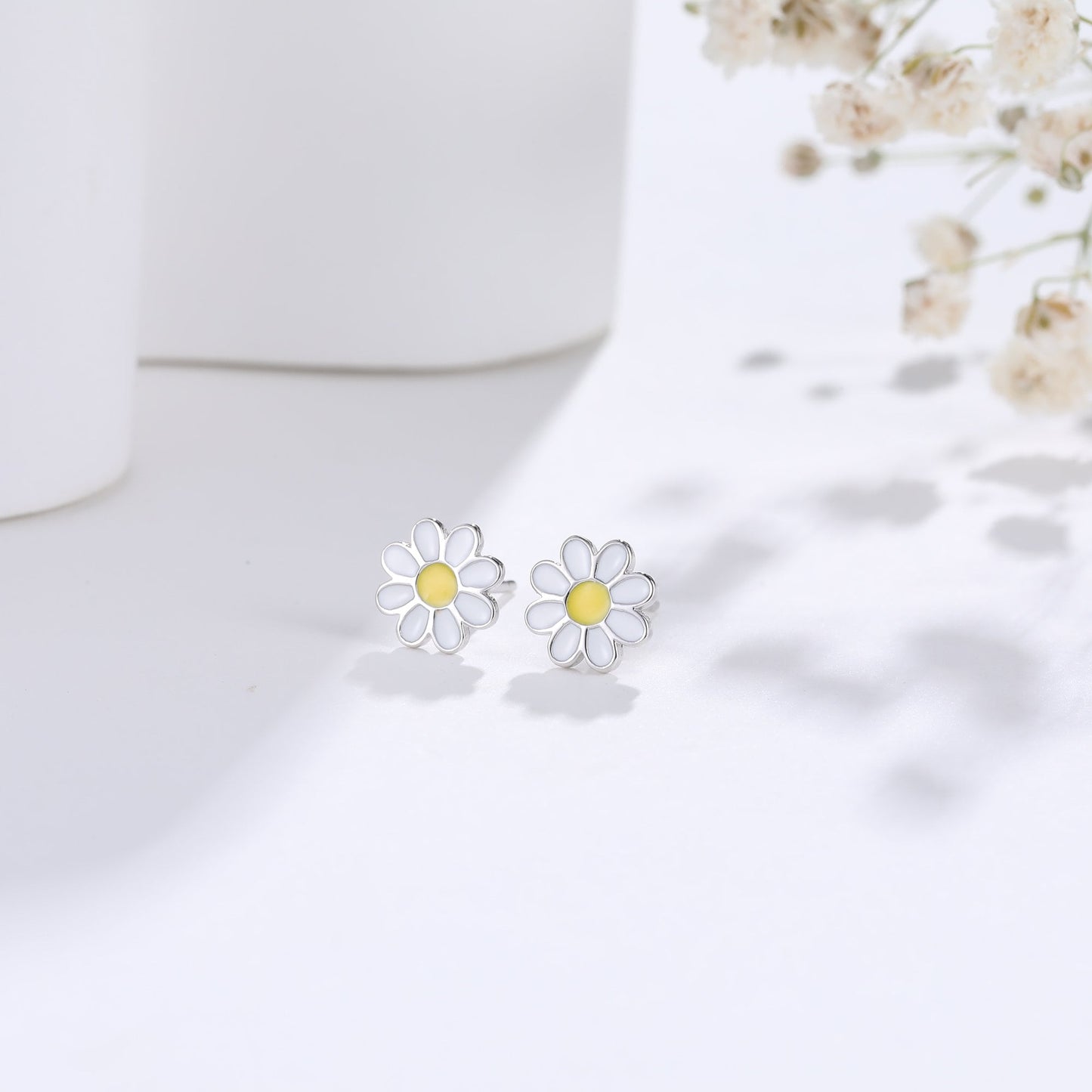 Enamel Daisy Flower Stud Earrings in Sterling Silver, Daisy Flower Earrings,  Tiny Flower Earrings