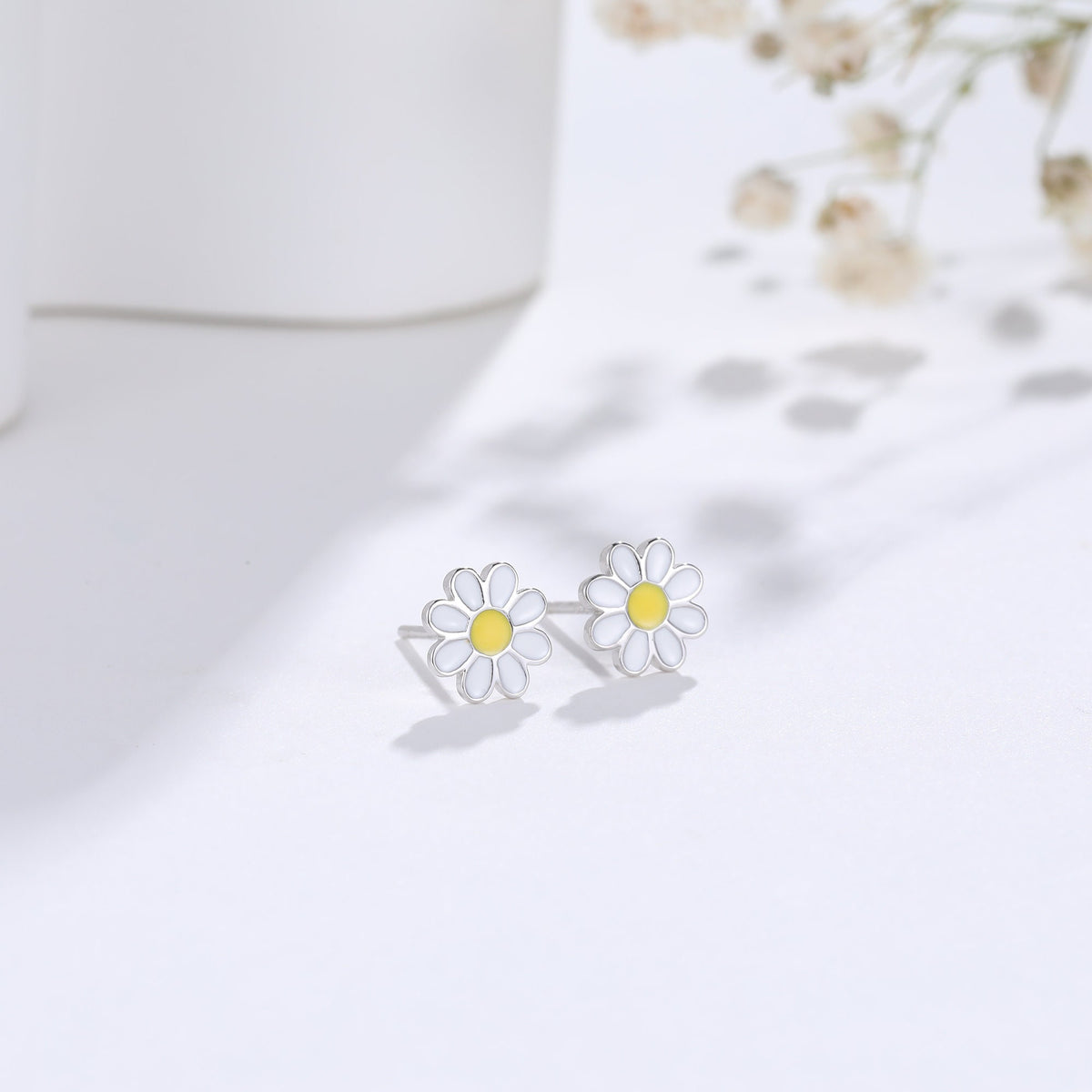 Enamel Daisy Flower Stud Earrings in Sterling Silver, Daisy Flower Earrings, Tiny Flower Earrings